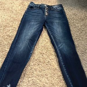 Button up fly dark wash skinny jeans